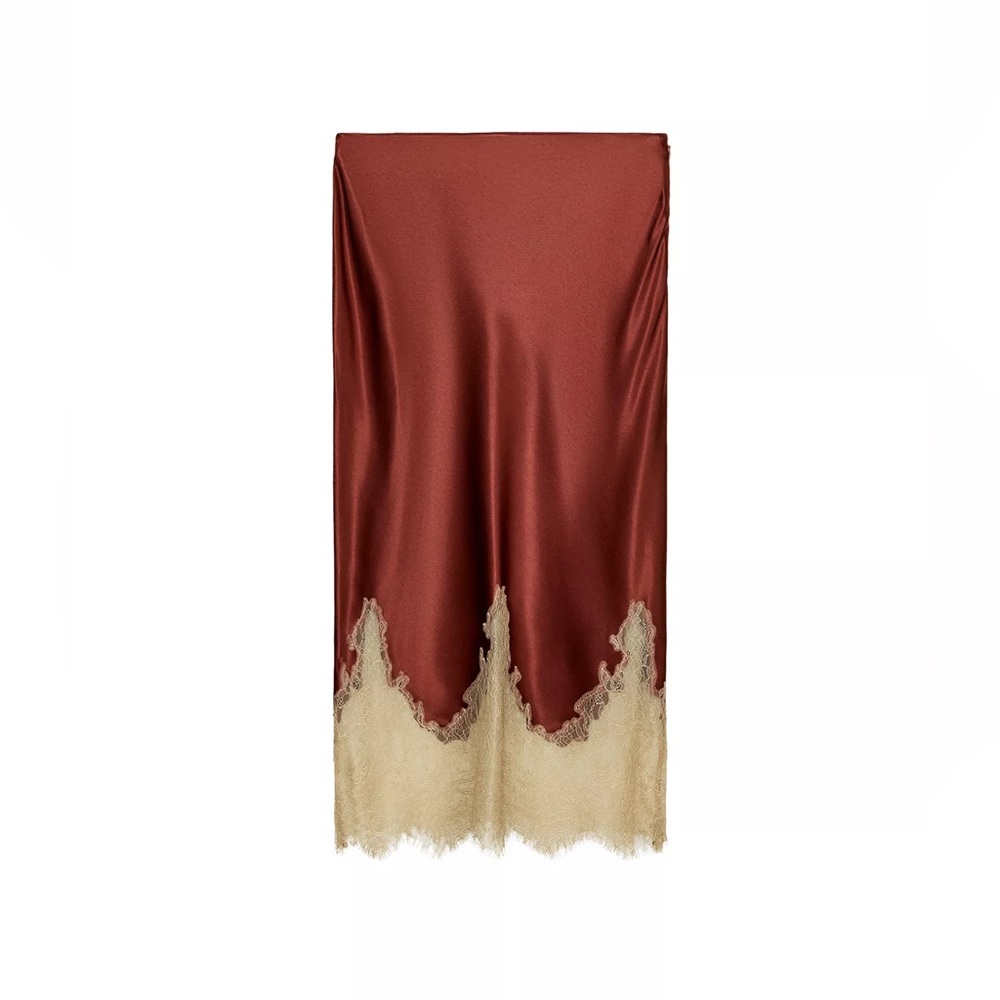 Zara Rust Red Midi Skirt with Cream Lace Trim